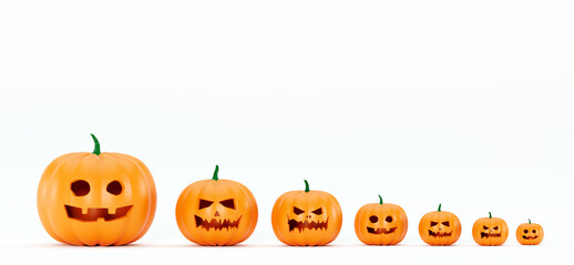 Pumpkins standing in a row. Big and small funny pumpkins, 3d rendering. Pumpkin for Halloween with a funny smiling face, on a white background. Jack O Lantern halloween pumpkin, 3d render