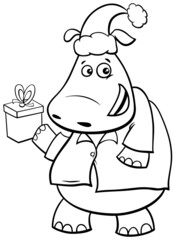 cartoon hippo on Christmas time coloring book page