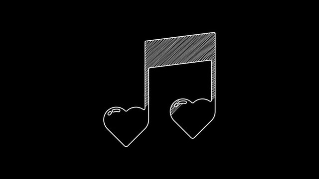 White line Music note, tone with hearts icon isolated on black background. Valentines day. 4K Video motion graphic animation