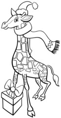 cartoon giraffe on Christmas time coloring book page