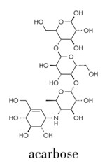 Acarbose diabetes drug molecule. Blocks carbohydrate digestion by inhibiting alpha-glucosidase enzymes. Skeletal formula.