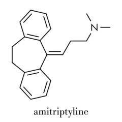 Amitriptyline tricyclic antidepressant drug molecule. Used in treatment of clinical depression. Skeletal formula.