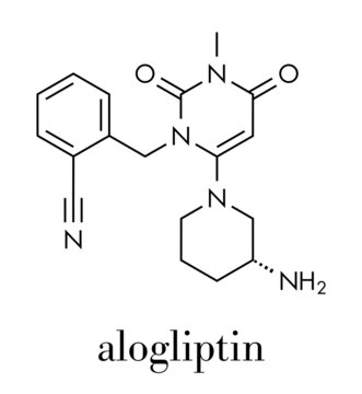Alogliptin diabetes drug molecule. Belongs to dipeptidyl peptidase 4 (DPP-4) or gliptin class of antidiabetic medicines. Skeletal formula.