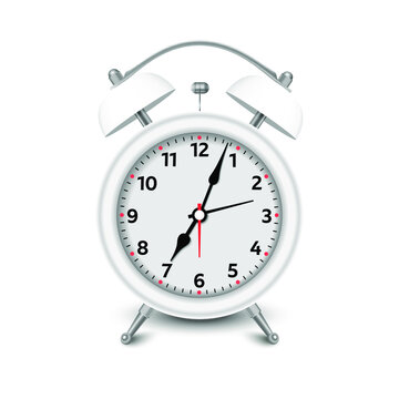 Alarm clock. 3d illustration isolated on white background. White alarm clock set at one close-up. Vector illustration EPS 10