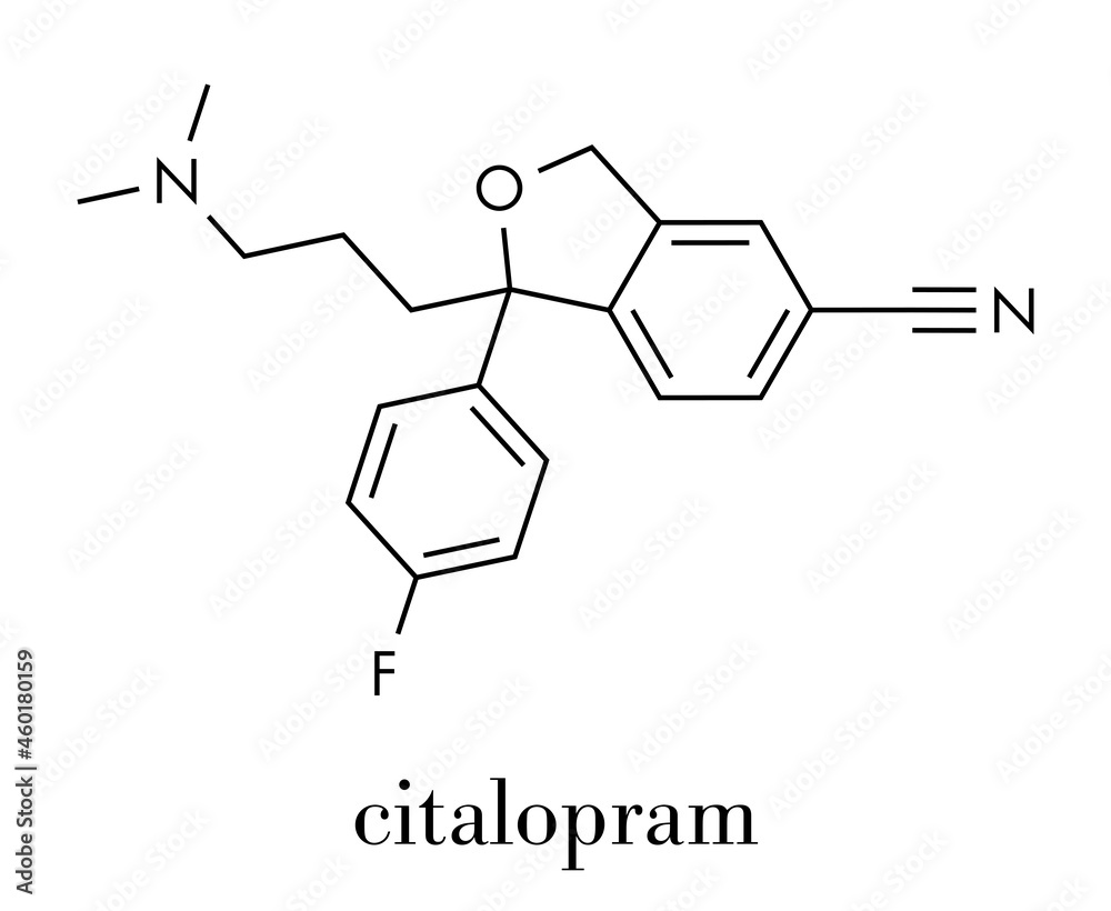 Sticker Citalopram anti-depressant drug molecule. Skeletal formula.