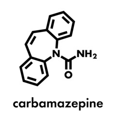 Carbamazepine anticonvulsant and mood stabilizing drug molecule. Used to treat epilepsy (convulsions), bipolar disorder and a number of other diseases. Skeletal formula.