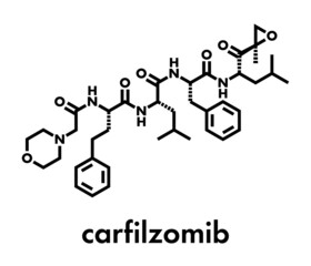 Carfilzomib (CFZ) multiple myeloma cancer drug molecule. Proteasome inhibitor derived from natural product epoxomicin. Skeletal formula.
