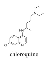 Chloroquine malaria drug molecule. Used to treat and prevent malaria. Also used for antiviral and immunosuppressant properties. Skeletal formula.