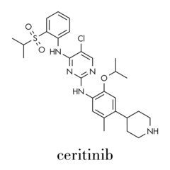 Ceritinib cancer drug molecule. ALK inhibitor used in treatment of metastatic non-small cell lung cancer. Skeletal formula.