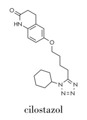 Cilostazol intermittent claudication treatment drug molecule. Inhibitor of phosphodiesterase  (PDE3). Skeletal formula.
