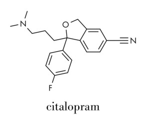 Citalopram anti-depressant drug molecule. Skeletal formula.
