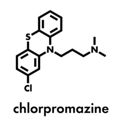 Chlorpromazine (CPZ) antipsychotic drug molecule. Used to treat schizophrenia. Skeletal formula.