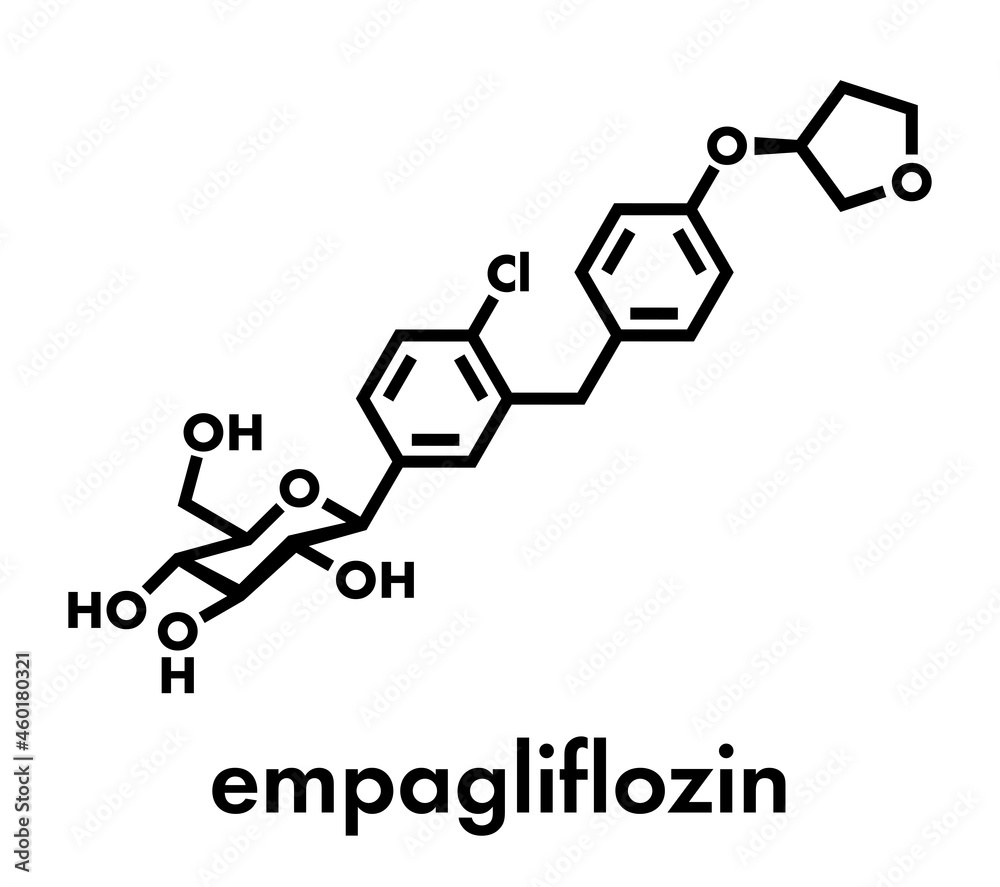 Sticker Empagliflozin diabetes drug molecule. Skeletal formula.