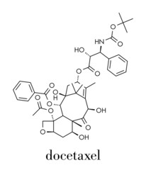 Docetaxel cancer chemotherapy drug molecule. Taxane class drug used in treatment of breast, prostate, lung and ovarian cancer (etc.) Skeletal formula.