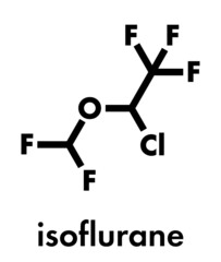 Isoflurane anesthetic drug molecule. Used for inhalational anesthesia during surgery. Skeletal formula.
