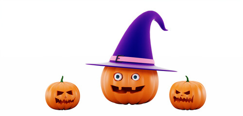 Halloween pumpkins in a witch hat, on a white background. Jack O Lantern Pumpkin with witch hat, 3d illustration. Big and small funny pumpkins, 3d rendering. Pumpkins standing in a row
