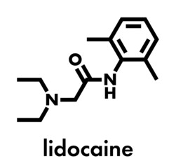 lidocaine local anesthetic drug molecule. Also known as xylocaine or lignocaine. Skeletal formula.