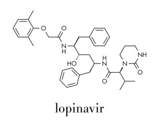 Lopinavir HIV drug molecule. Protease inhibitor class antiretroviral. Skeletal formula.