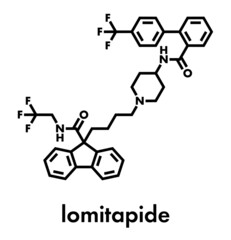 Lomitapide cholesterol lowering drug molecule. Used in treatment of homozygous familial hypercholesterolemia. Skeletal formula.