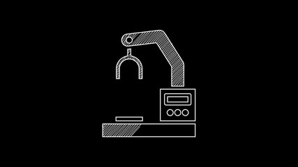 White line Industrial machine robotic robot arm hand factory icon isolated on black background. Industrial robot manipulator. 4K Video motion graphic animation