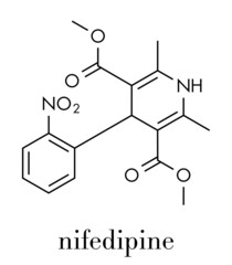 Nifedipine calcium channel blocker drug. Used in treatment of angina and hypertension (high blood pressure). Skeletal formula.