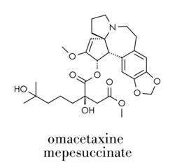 Omacetaxine mepesuccinate cancer drug molecule. Used in treatment of chronic myelogenous leukemia (CML). Skeletal formula.