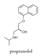 Propranolol high blood pressure drug molecule. Used to treat hypertension, anxiety and panic disorders. Skeletal formula.