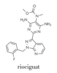 Riociguat pulmonary hypertension (PH) drug molecule. Stimulator of soluble guanylate cyclase (sGC). Skeletal formula.