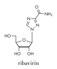 Ribavirin antiviral drug molecule. Used in treatment of hepatitis C virus infections and of viral hemorrhagic fevers. Skeletal formula.