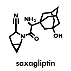 Saxagliptin diabetes drug molecule. Inhibitor of dipeptidyl peptidase-4 (DPP4). Skeletal formula.