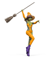 witch girl is celebrating halloween and holding up a broom