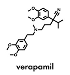 Verapamil calcium channel blocker drug. Mainly used in treatment of hypertension (high blood pressure) and cardiac arrhythmia (irregular heartbeat). Skeletal formula.