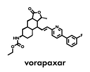 Vorapaxar acute coronary syndrome chest pain drug molecule. Skeletal formula.