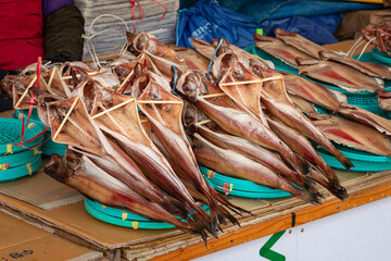 Dried fish offered on a Korean food market.