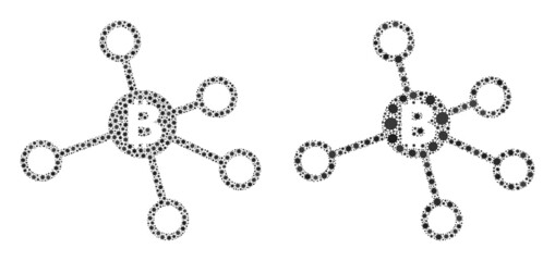 Vector covid mosaic bitcoin nodes created for doctor illustrations. Mosaic bitcoin nodes is based on icon and it is designed of biological hazard covid pathogen items.