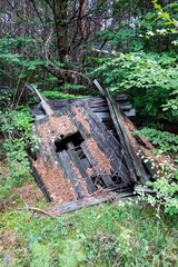 Fototapeta premium Old dilapidated collapsed hunting tower in the woods