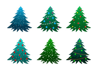 Christmas trees vector collection. Colorful vector illustration in flat cartoon style. A set of decorated fir trees