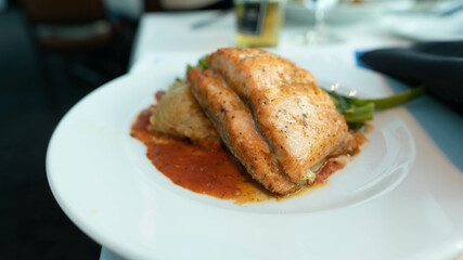 grilled salmon chop with potatoes