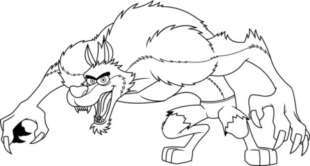 Outlined Werewolf Cartoon Character. Vector Hand Drawn Illustration Isolated On White Background