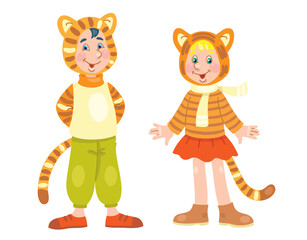 Cute little girl and funny boy in tiger costumes. For a school party. In cartoon style. Isolated on white background. Vector flat illustration.