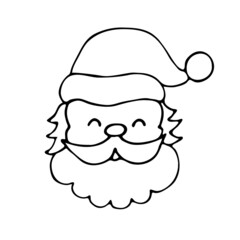 A black and white image of Santa Claus using a doodle drawing. Funny Santa's face with a beard and a hat. A symbol of winter holidays, New Year and Christmas.