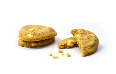 Lemon cookies with white chocolate on white background