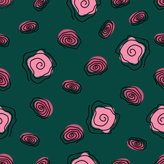 Set of pink flowers, buds. The vector Pattern is seamless with roses in a linear style with abstract spots on an emerald background. Floral background with roses. Beautiful rosebuds for decoration.