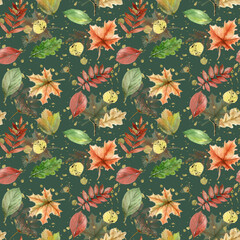 Autumn leaves seamless pattern, Watercolor hand drawn floral pattern, Fall repeated texture on green background, Gold glitter splashes and leaves, Ideal for wrapping, textile, invitations