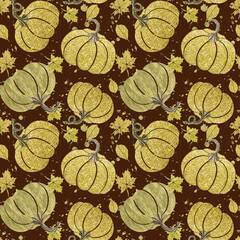 Autumn pumpkins background, Gold glittered pumpkins texture, Floral Festive wallpaper, Botanical illustration for textile, background, design, wrapping
