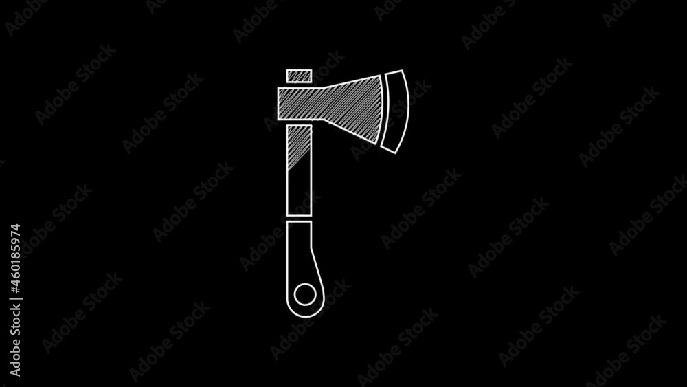 Wall mural White line Wooden axe icon isolated on black background. Lumberjack axe. 4K Video motion graphic animation