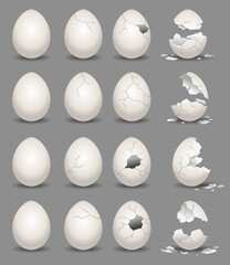 Cracked eggs. Eggshell cracking stages. Set of realistic chicken eggs with broken eggshell. Design elements of fragile broken eggs