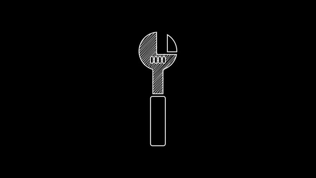 White line Adjustable wrench icon isolated on black background. 4K Video motion graphic animation
