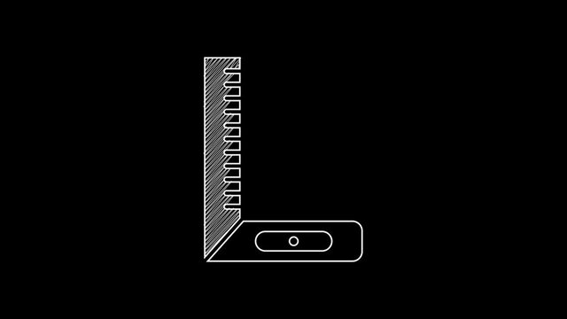White line Corner ruler icon isolated on black background. Setsquare, angle ruler, carpentry, measuring utensil, scale. 4K Video motion graphic animation