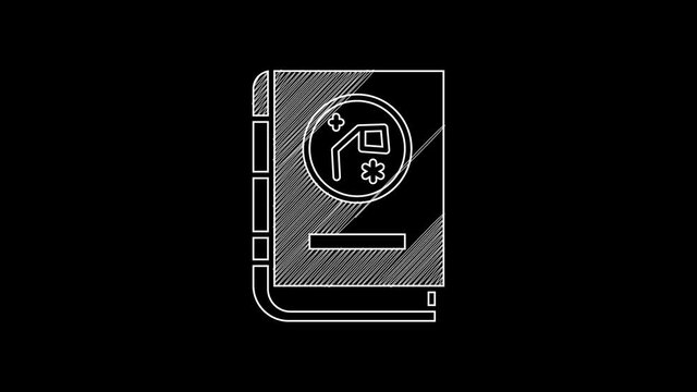 White line Book by astronomy icon isolated on black background. 4K Video motion graphic animation